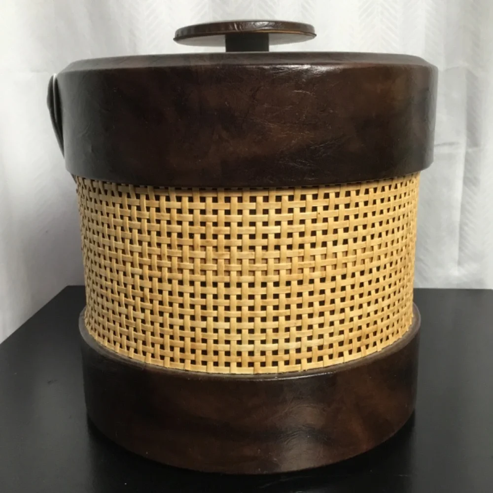 Vintage Mid Century Modern Ice Bucket Woven Sides Brown Faux Leather Trim Handle
